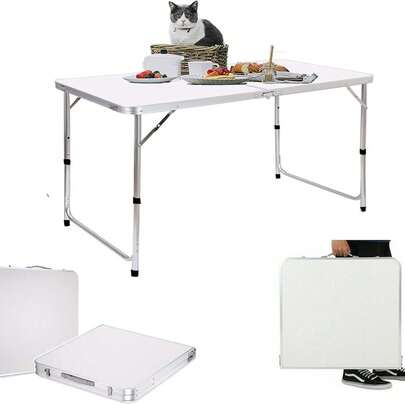 Huini Garden 120cm Folding Table Aluminium Frame Portable Camping Table Height-Adjustable Outdoor Garden Table For BBQ Picnic Party Banquet, White
