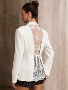 女士翻领撞色蕾丝露背系带假口袋修身派对西装外套，优雅时尚的设计适合各种派对和婚礼，非常适合办公室穿着和社交活动 - 白色 - 查看 7