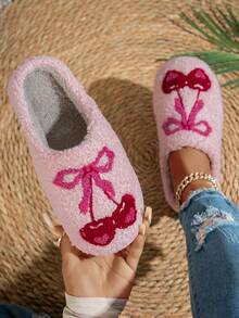 Cute Cherry Bow Embroidery Slip-On Women's Slippers Indoor Casual Home Footwear Winter - Bụi hồng - Xem 5