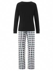 Conjunto de pijama navideño familiar a juego, con estampado de letras, pantalones a cuadros, pijamas navideños, pijamas familiares festivos. - Colores mixtos - Ver 3