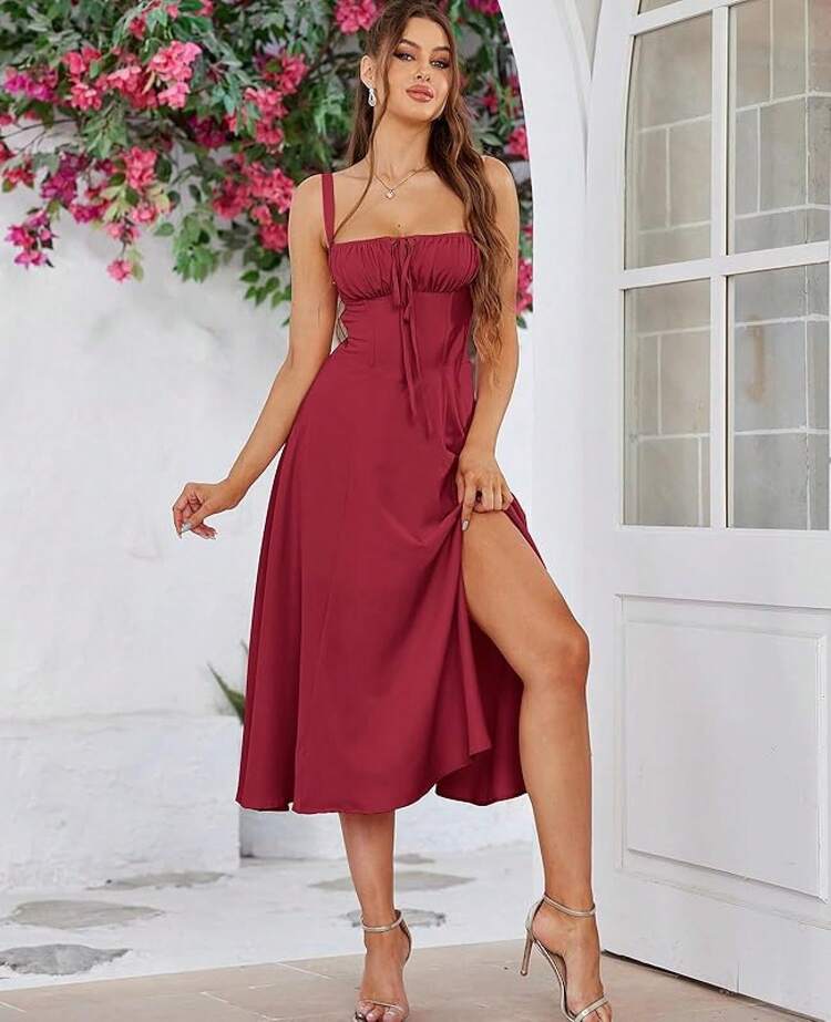 Floral Midi Corset Dress Wedding Guest Flowy Slit Lace Up Dresses Women Tea Party A Line Casual Sundress - Solid Red - View 4