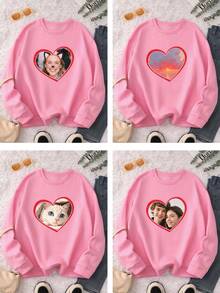 Customized Sweatshirt - Flocked Printing Personalized Design, Upload Your Own Text, Letters, Slogans, Women's Fashion Versatile Comfortable Sweatshirt, Suitable For Autumn, Winter, Spring Daily, Sports, Crew Neck, Pullover, Outdoor Casual Cute Sweatshirt