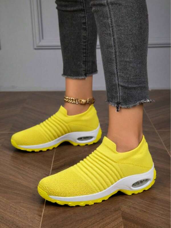 Women's Pink Casual Cushioned Shock-Absorbing Slip-On Knit Sneakers, Dancewear