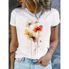 Women's T-Shirt Printed T-Shirt Watercolor Flowers Shirt 100% Cotton Free Fast Shipping - 白色 - 查看 1