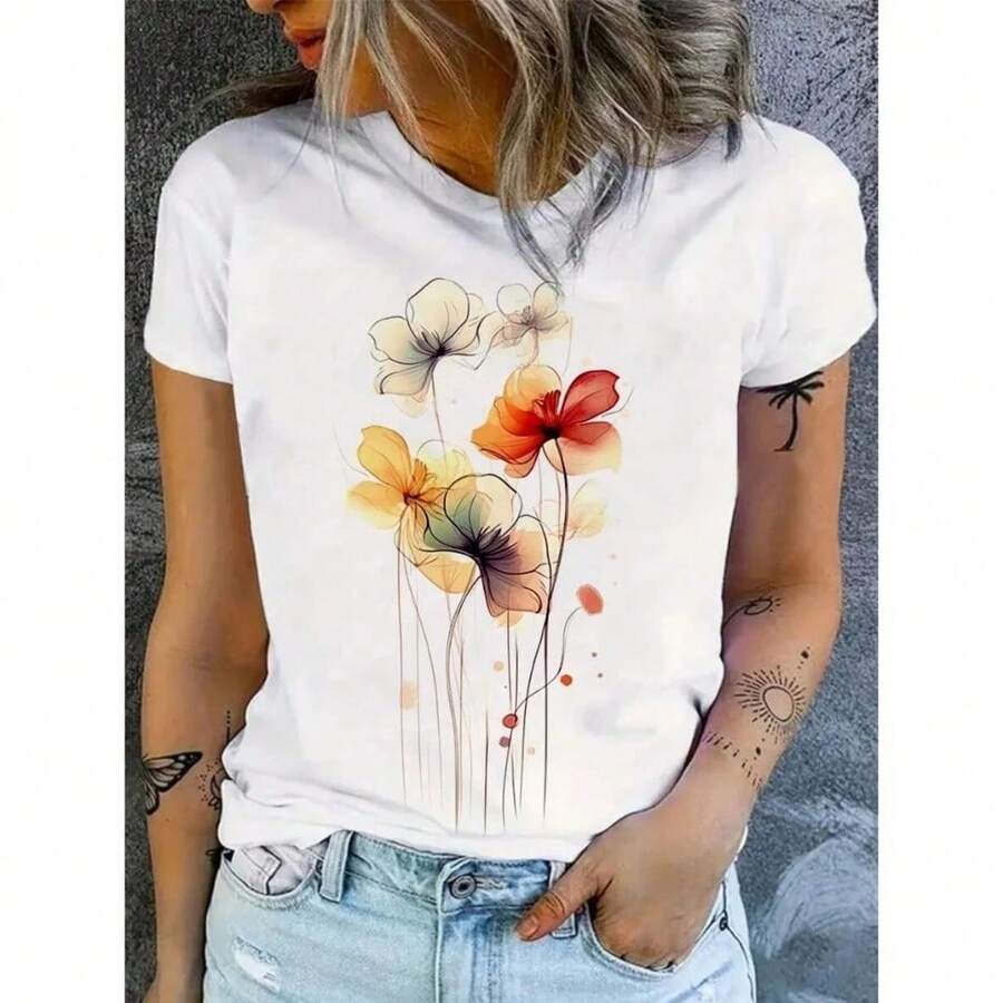 Women's T-Shirt Printed T-Shirt Watercolor Flowers Shirt 100% Cotton Free Fast Shipping - 白色 - 查看 1