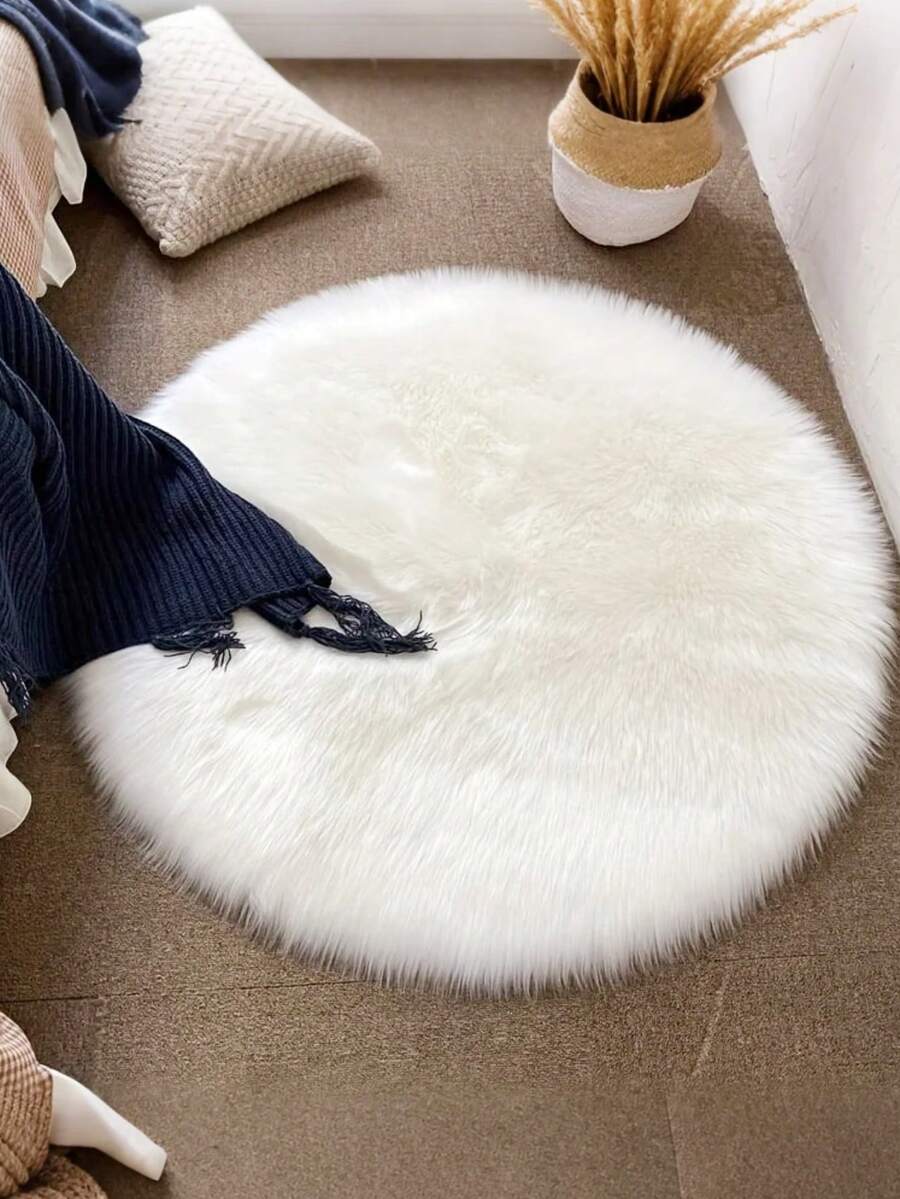 1pc Soft & Fluffy Round White Shag Rug, Comfortable For Bedroom, Living Room, Study, Office, Entryway, Can Be Used As Floor Mat, Creates Cozy Bedroom Ambiance. This Plush Rug Is Washable, Anti-Slip, Cute In Design, Suitable For Indoor Use All Year Round, Ideal For Luxury Minimalist Living Room Rug, Bedroom Rug, Bedside Rug, Bathroom Rug, Decorative Rug - White - View 1