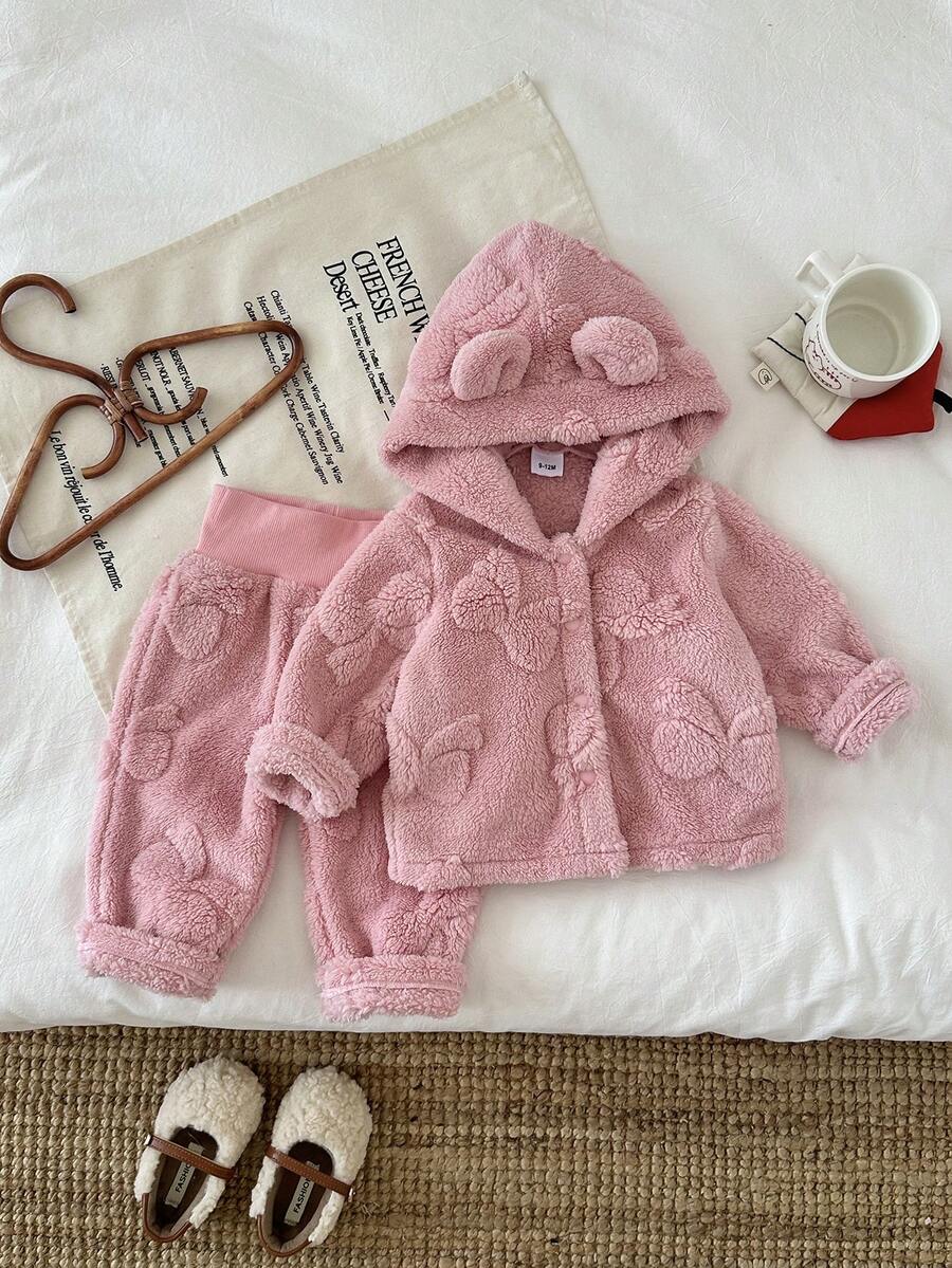 2 Stücke Baby Mädchen Plüschjacke mit Schleifen Dekor & Bärchen Ohren Hut, und Plüschhose, dick für drinnen & Outdoor, Herbst/Winter