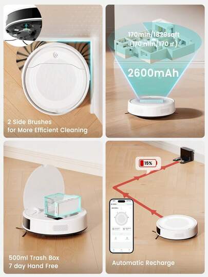 Lefant LEFANT M310 Ultra Robot Stofzuiger Mop 6000Pa Suction 3.1in Slim 170Mins 3D Navigation APP Control Pet Hair Tapijt view 8