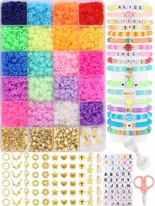 24 Colors 6mm Polymer Clay Flat Disc Beads, DIY Necklace, Bracelet, Phone Strap, Keychain Jewelry Making Kit With Alphabet Discs, Scissors, Elastic String, Metal Charms, Clasps, Bohemian Style Jewelry Set - Multicolor - View 6