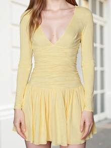 Women's Long Sleeve Dress Deep V-Neck Mini Dresses Ruched Bodycon Wrap Ruched Ruffle Hem Short Club Cocktail Party Dress - 黃色 - 查看 3