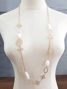 1pc Elegant Geometric Acrylic Bead Hollow Iron Plate Long Necklace, Bohemian Style, Multi-Color, Versatile For Women's Daily Wear