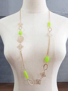 1pc Elegant Geometric Acrylic Bead Hollow Iron Plate Long Necklace, Bohemian Style, Multi-Color, Versatile For Women's Daily Wear