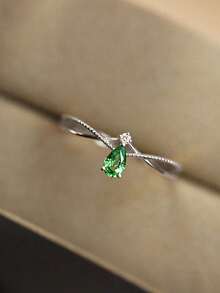 1pc S925 Sterling Silver Green Zirconia Teardrop Ring, Elegant & Fashionable Design For Women, Suitable For Various Occasions, Birthday/Jewelry Gift - Silver - View 11