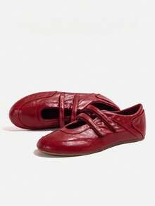 Giày Mary Jane đế bệt mũi tròn cổ điển màu đỏ mùa xuân 2025, giày da đế bằng, mùa thu, mùa thu, giày da thường ngày cho nữ - Đỏ - Xem 5