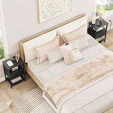 Mesita de Noche, Buró para Recamara, Vintage con Estación de Carga, 3 Niveles de Almacenamiento, 1 Cajones, Puertos USB y Tomas de Corriente - Buró Multifuncional para Dormitorio y Sala de Estar - Negro - Ver 2