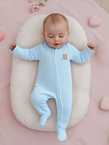 Newborn Baby Girl Boy Romper Crew Neck Long Sleeve Boots/Bear/Truck Print Fall Zipper Footed Jumpsuit - Blue - View 2