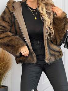 Damen Lässig Reißverschluss Kapuzenjacke mit Kunstfell, Streetstyle für den Alltag, Herbst/Winter