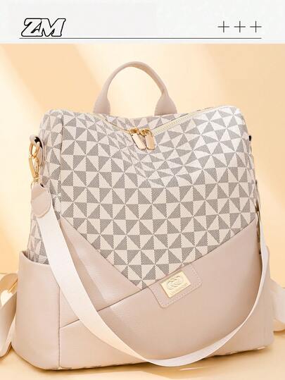 Women's Fashion Design Rhombic Grid Large Capacity Backpack With Splice Detailing,Commuter Bag,Student Schoolbag,Mommy Bag,School Bag,Portable,Laptop Compartment,Large Capacity,For Teen Girls Women College Students,College,Middle School,High School,Outdoors,Travel,Outings,Elementary School,Office