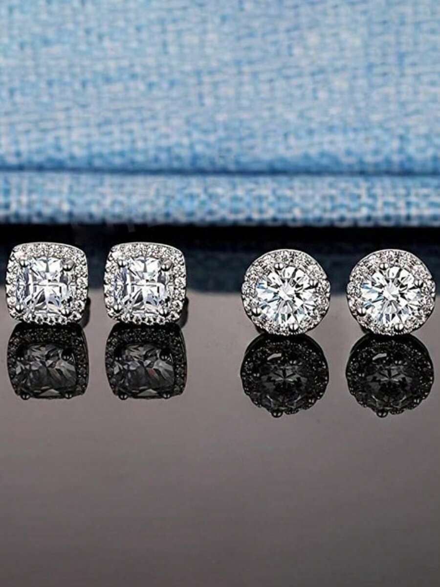 2pcs Vintage Elegant Fashion Cubic Zirconia 925 Sterling Silver Stud Earrings, Versatile For Daily Wear