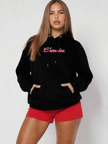 Women's Hoodie, Fleece-Lined Warm Pullover Sweatshirt With  Pocket, Loose Fit For Autumn & Winter - Soft Daily Outerwear, Bow & Cherry Print, Cute Casual Autumn Outfit, , Tops For Women Hot Outfits - 黑色 - 查看 2