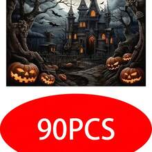 4 Stücke Halloween Horror Schloss & Kürbis Muster Leinen Tischsets - Gewebte Leinen rechteckige Tischsets für Speisezimmer, Küche, Kaffeetisch, Esszimmerdekoration - Verschiedenfarbig - Übersicht 17
