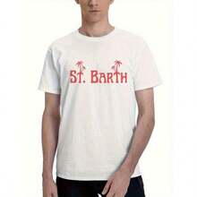 Saint Barth Men's Oversized Graphic T-Shirt - Black With Red Palm Tree & Text Print, Sporty Casual Round Neck Short Sleeve Tee, Machine Washable All-Season Comfort, Ideal Gift For Men, Everyday Comfort, Harajuku Style, Relaxed Fit Shirt - 白色 - 查看 2