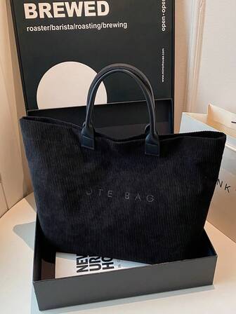 Autumn And Winter New Fashion Large Capacity Letter Pattern Decorative Corduroy Tote Bag, Versatile Commuter Women's Double Handle Handbag, Suitable For Work Commuting And Shopping, Very Suitable For Seaside Vacation And Beach