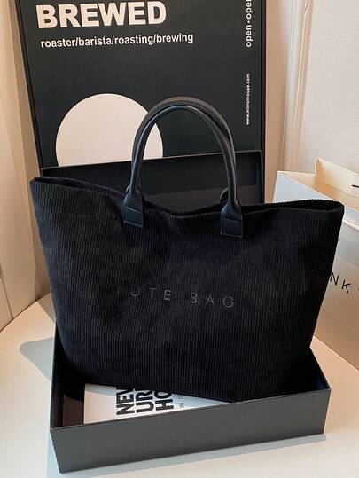 Bolso de mano grande con capacidad de estilo de moda otoño e invierno con patrón de letra decorativo de pana, bolso de mano versátil con doble asa para mujeres, adecuado para ir al trabajo, viajar y hacer compras, muy apropiado para vacaciones en la playa y la