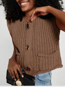 Women's Solid Color Knitted Pocket Decor Thick Knit Vest - Brown - View 8