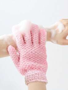 1 pieza Guante de baño exfoliante de unicolor simple, bolsa, organizador, almacenamiento, pasadores de pelo - Rosa - Ver 7