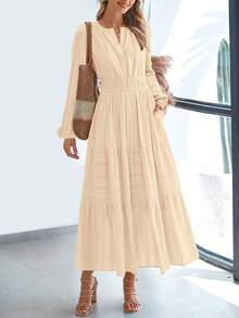 Women Fall Maxi Dresses Long Sleeve High Waist Tiered Flowy A-Line Boho Bohemian Long Dress Beach Holiday Vacation Wedding Guest Valentine Outfit - 杏色 - 查看 3
