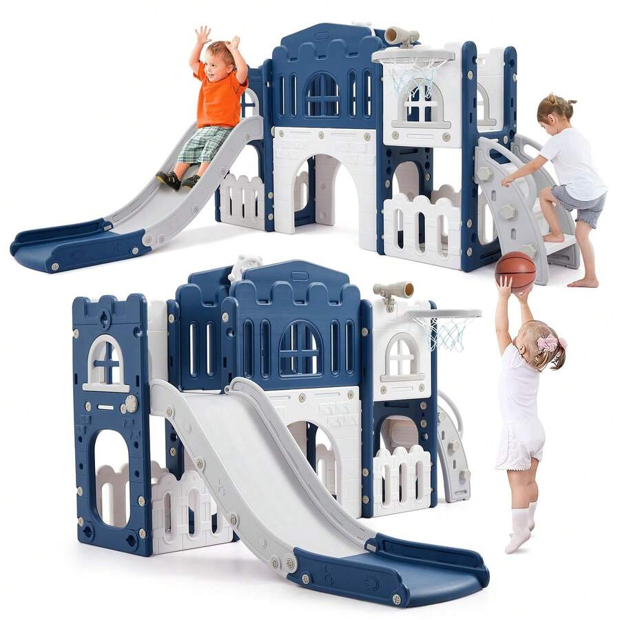 Huisuilinss Toddler Slide Set,8-In-1 Toddler Slide Playset,Indoor Toddler Playground With Slide,Kids Slide Outdoor Play Includes Basketball Hoop,Climber,Crawling Tunnel,Toy Storage For Kids Ages 1-3 - Màu xanh lam - Xem 1