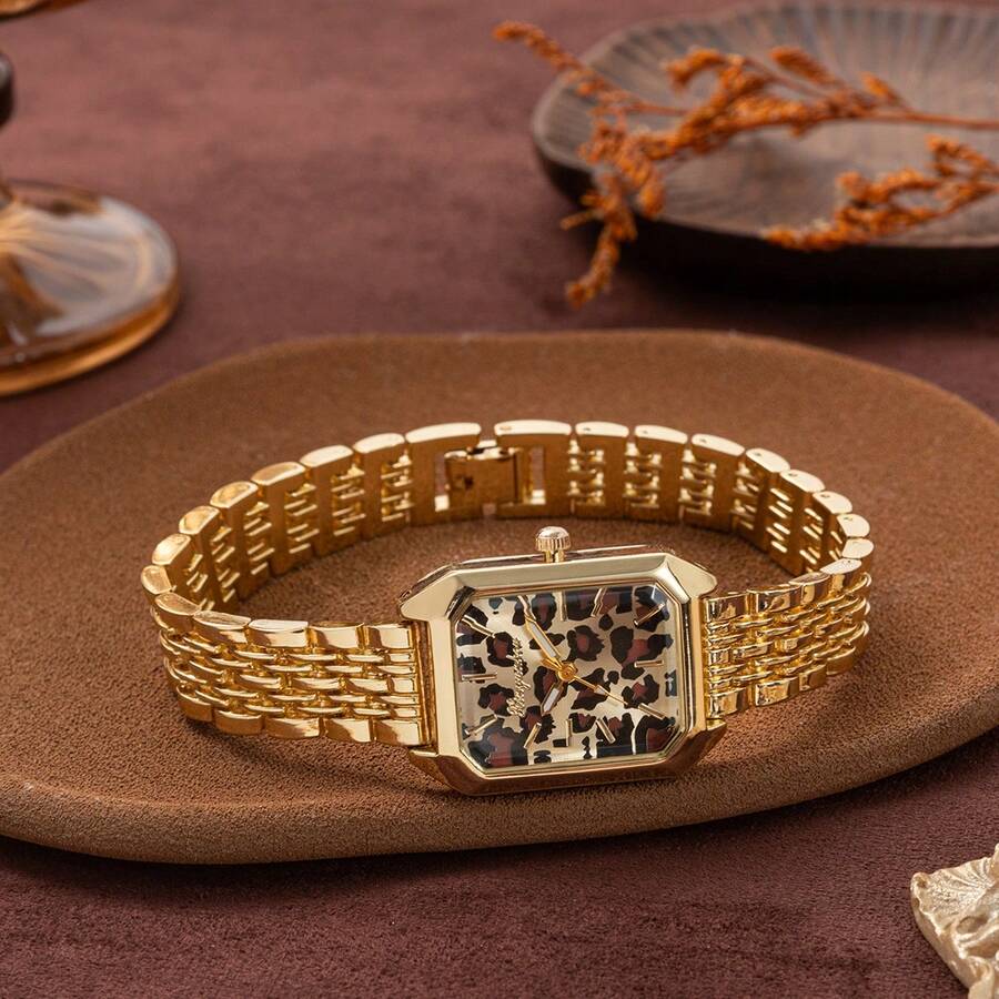 xinyunkou Encanto feroz, punto focal en la muñeca, reloj de lujo de estilo salvaje y elegante con esfera de estampado de leopardo - Dorado - Ver 1