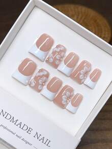 10 piezas de uñas usables hechas a mano con forma de óvalo alargado, calidad de uñas hechas a mano y diseño sencillo, desmontables y reutilizables, uñas rectangulares de estilo europeo y americano, diseño de talla de flores tropicales 3D hechas a mano, patrón hexagonal de teñido anudado pintado a mano, uñas usables de lujo hechas a mano