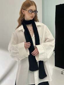 1 件设计略卷边薄围巾时尚佩戴长款百搭围巾薄窄款 - 黑色 - 查看 6