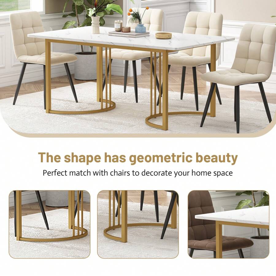 140 x 80cm Esstisch,(1-St), moderner Küchentisch, Gestell aus Metall Rechteckiger Esstisch aus Moderner Marmormuster Küchentisch mit verstellbaren Füßen für Esszimmer Wohnzimmer, Weiß/Golden