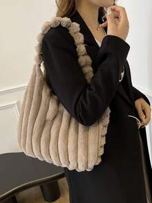 1 件秋冬新款蓬松大容量单肩托特包，时尚单肩手提包，毛茸茸的通勤单肩包，适合女士度假和日常购物，妈妈礼物，新款女士毛皮包 - 卡其色 - 查看 5