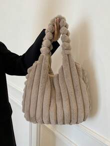 1 件秋冬新款蓬松大容量单肩托特包，时尚单肩手提包，毛茸茸的通勤单肩包，适合女士度假和日常购物，妈妈礼物，新款女士毛皮包 - 卡其色 - 查看 2