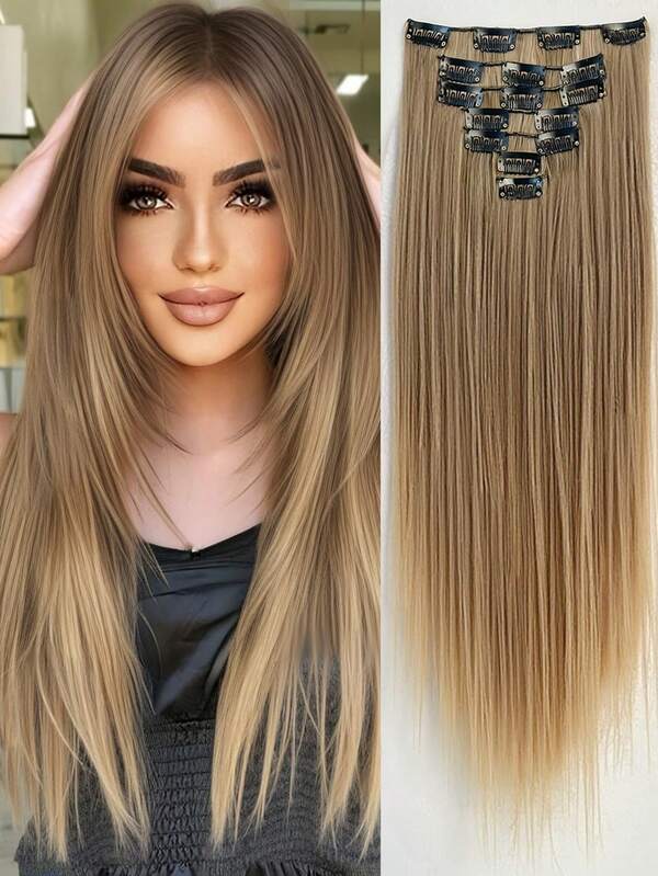 7pcs/Set 16" Clip-In Hair Extensions, Black Straight Long Hair, Natural Ombre, Heat Resistant Fiber, For Women