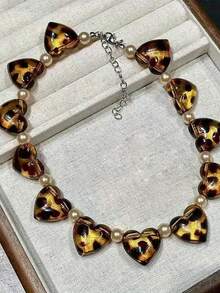 1 件复古豹纹心形珍珠串珠项链 - 小巧时尚高端设计，奢华质感 - 心形锁骨链 - 彩色 - 查看 3