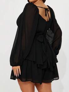 V-Neck Lantern Long-Sleeved Ruffle Strap Dress With Pants Skirt - Black - View 2