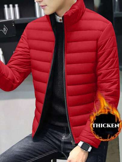 1pc Men Long Sleeve Casual Stand Collar Motorcycle Cotton Winter Coat, Padded Warm & Lightweight, Suitable For Autumn/Winter