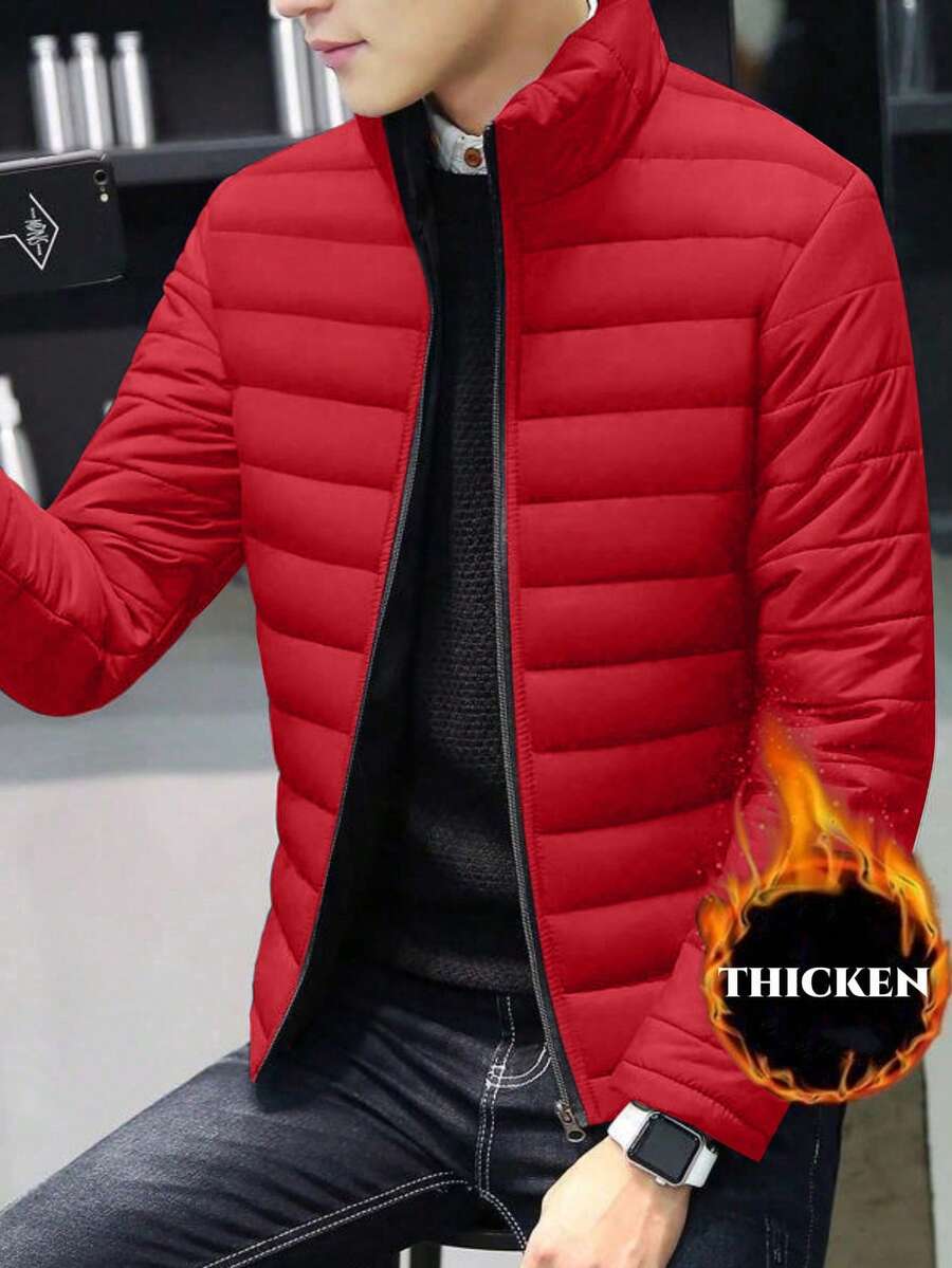 男士长袖休闲立领摩托车棉质冬季外套,加厚保暖轻便,适合秋冬季穿着。 - 紅色 - 查看 1