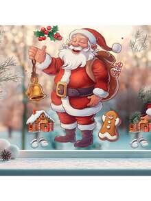 1pc New Christmas Cartoon Santa Claus & Gingerbread Man Glass Window Sticker Holiday Decor Wall Decal - Multicolor Classic - View 6