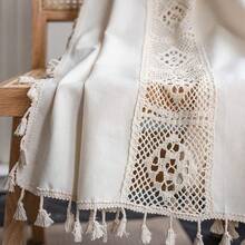 Boho Curtain Crochet Lace Patchwork Semi-Blackout Bohemian Handmade Tassels, Rod Pocket Window Treatment Vintage Rustic Farmhouse Drapes For Living Bedroom, 1 Panel 59" W X 63" L, Beige - 米色拼布59寬x63公升1包 - 查看 4