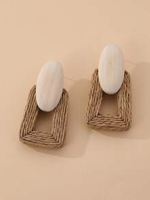 1 Pair Handmade Khaki Paper Rope Woven Hollow Geometric Exaggerated Earrings, Suitable For Vacation, Party And Daily Wear - Khaki - View 8