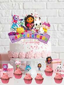 Gabby's Dollhouse Gabby's Dollhouse Cake Sign Birthday Decoration Plugin, Creative Dessert Table Arrangement, Birthday, Christmas, Halloween And Thanksgiving Party Supplies, Ins-Style Photo Props, Disposable Cake Sign.