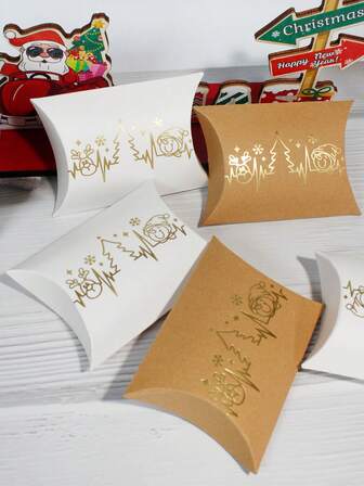 10pcs Christmas Golden Foil Design Gift Pillow Boxes, Cartoon Christmas Snowman & Elk And Christmas Tree Pattern Design Party Favor Packaging Boxes For Holiday Celebrations, Christmas Decor