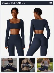MFVIM Women's 2 Pieces Yoga Set: Square-Neck Fitted Yoga Top & High-Waist Elastic Yoga Pants. Casual Outdoor Sports Fitness Suit, Suitable For All Seasons. - Blue Power - 查看 6