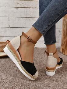 Sandalias Mujer de Cuña en Lona - Punta Cerrada Estilo Hada, Hebilla Tejida de Cáñamo, Suela Gruesa Antideslizante - Negro - Ver 4